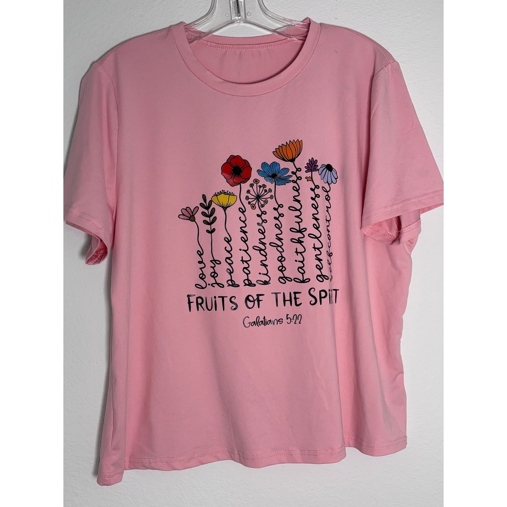 SHEIN Fruits of the Spirit Floral Graphic T-Shirt Pink Womens XL Galatians 5:22